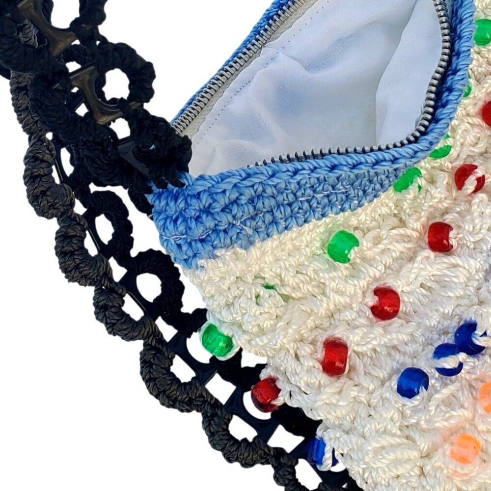 Crocheted Beaded Crossbody Purse Soda Can Beer Tab Strap Black White Blue - Picture 2 of 10